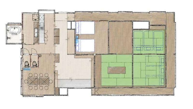 Floor plan of the main house: bedrooms, tatami rooms, kitchen and bath