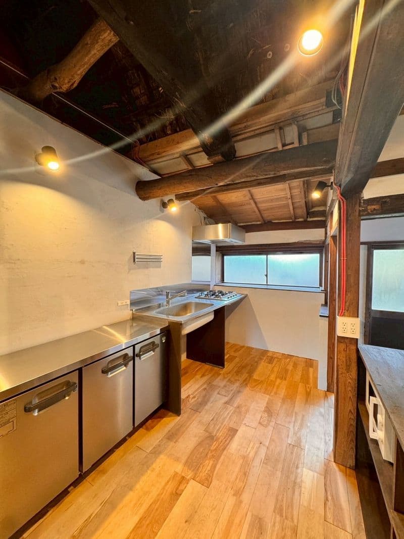 The stainless steel kitchen counter and gas cooktop