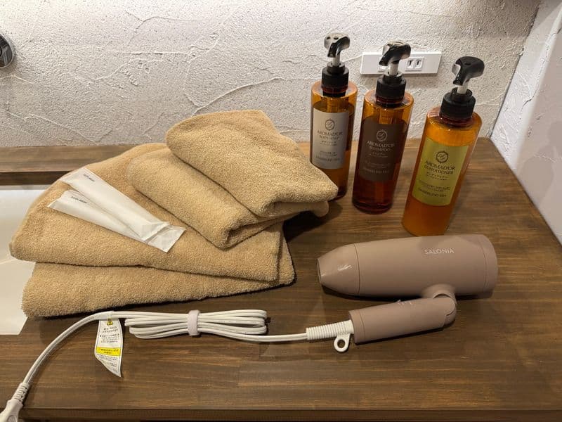 Towels, shampoo and body soap, a hair dryer and toothbrushes