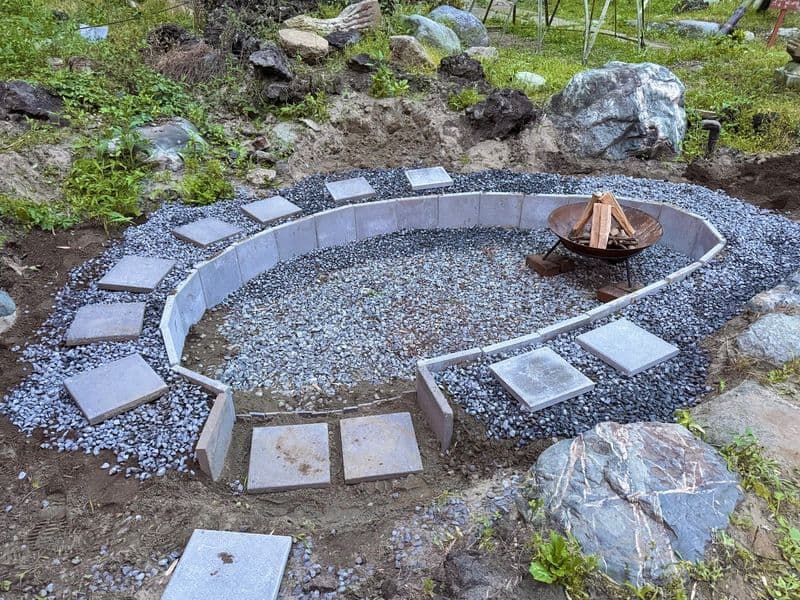 The circular gravel fire-pit area with a wood-filled brazier